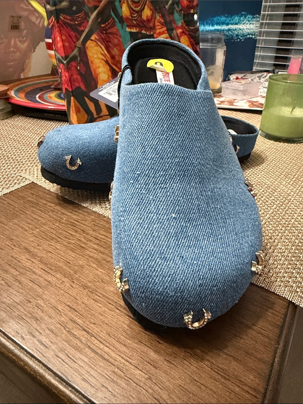 True Religion Denim Blue Slip-On Mules with Horseshoe Studs - Picture 15 of 17